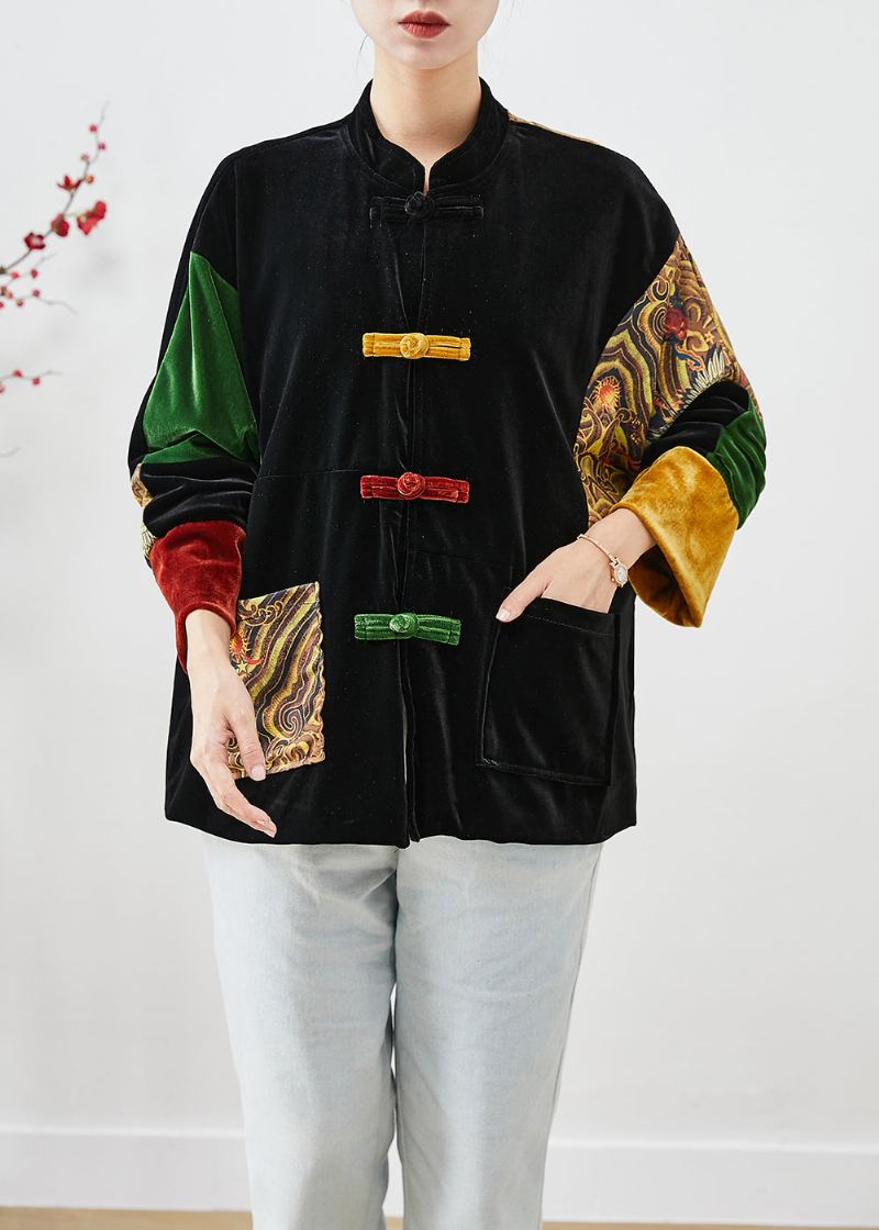 Manteau En Velours De Soie Patchwork Surdimensionné Noir Boutons Chinois Diy Automne - Manteaux d'hiver femmes