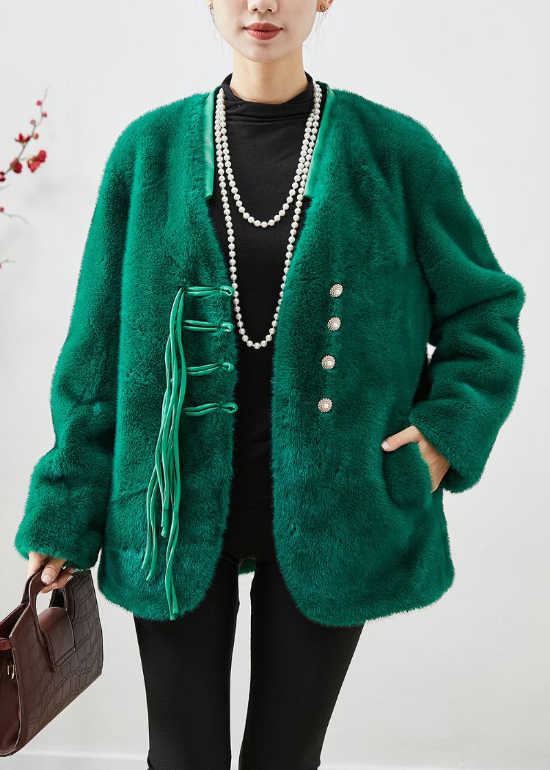 Manteau En Velours De Vison À Glands Vert Noirâtre Biologique Vêtements D'extérieur D'hiver - Manteaux d'hiver femmes