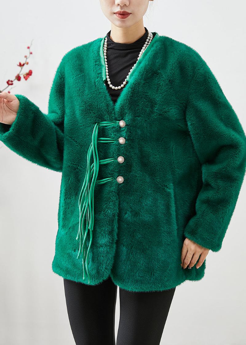 Manteau En Velours De Vison À Glands Vert Noirâtre Biologique Vêtements D'extérieur D'hiver - Manteaux d'hiver femmes