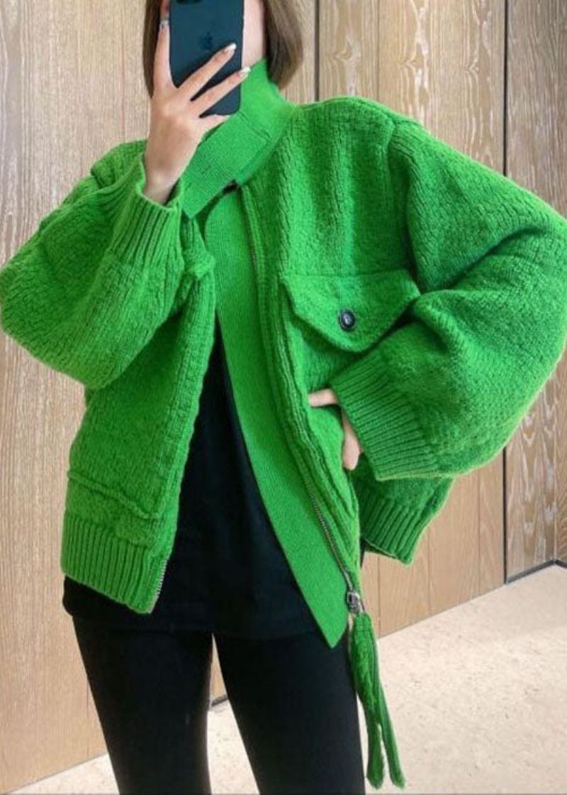 Manteau Vert À La Mode Avec Poches Zippées Et Hauts Tricotés Printemps