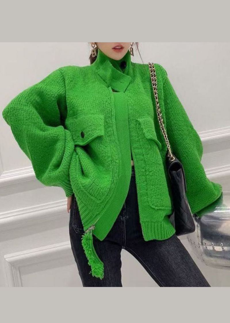 Manteau Vert À La Mode Avec Poches Zippées Et Hauts Tricotés Printemps - Manteaux d'hiver femmes