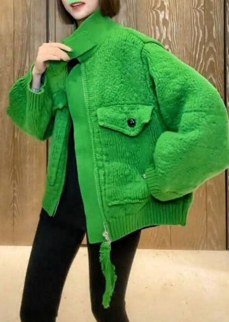 Manteau Vert À La Mode Avec Poches Zippées Et Hauts Tricotés Printemps - Manteaux d'hiver femmes