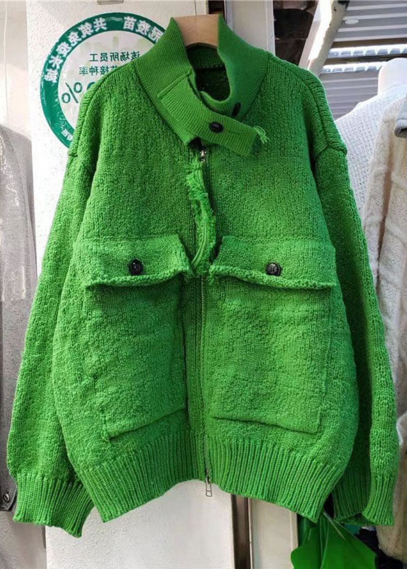 Manteau Vert À La Mode Avec Poches Zippées Et Hauts Tricotés Printemps - Manteaux d'hiver femmes