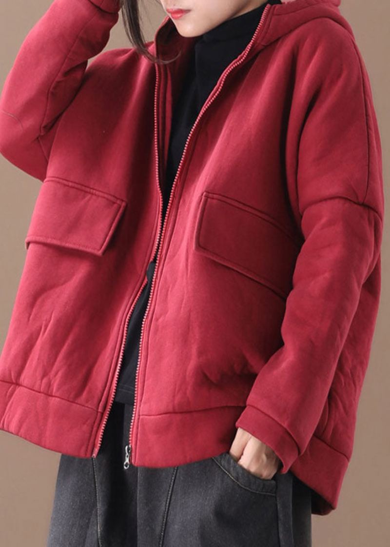 Manteau Witner À Capuche Imprimé Rouge De Grande Taille En Coton Fin Rempli D'hiver