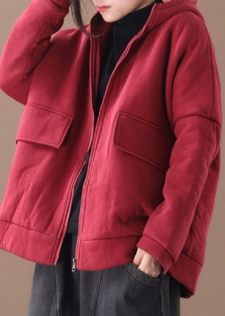 Manteau Witner À Capuche Imprimé Rouge De Grande Taille En Coton Fin Rempli D'hiver