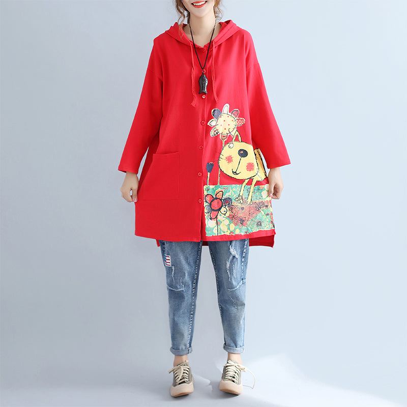 Manteaux À Capuche En Coton Rouge Grande Taille Imprimés Grandes Poches Cardigans Vêtements D'extérieur Nouvelle Collection Automne