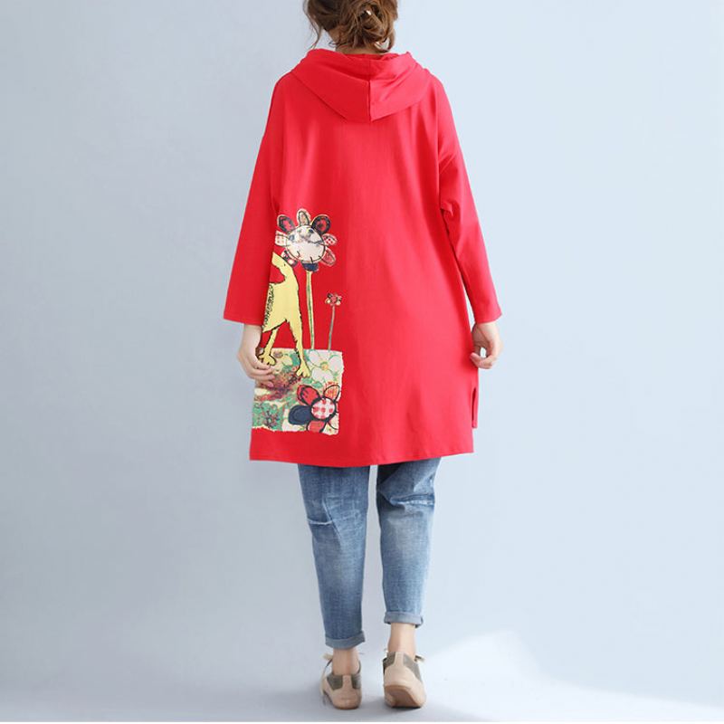 Manteaux À Capuche En Coton Rouge Grande Taille Imprimés Grandes Poches Cardigans Vêtements D'extérieur Nouvelle Collection Automne - Rouge