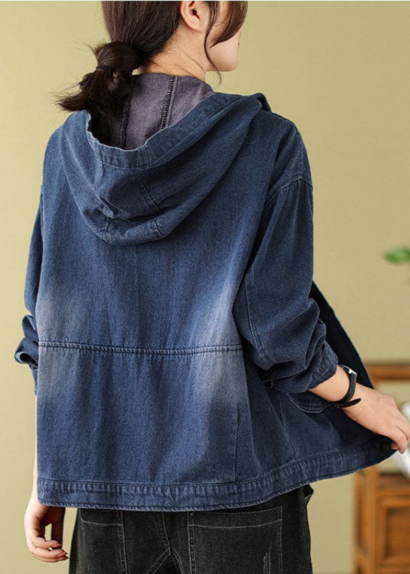 Manteaux À Capuche Imprimés Poches Bleues En Denim Rétro Automne - Manteaux d'hiver femmes