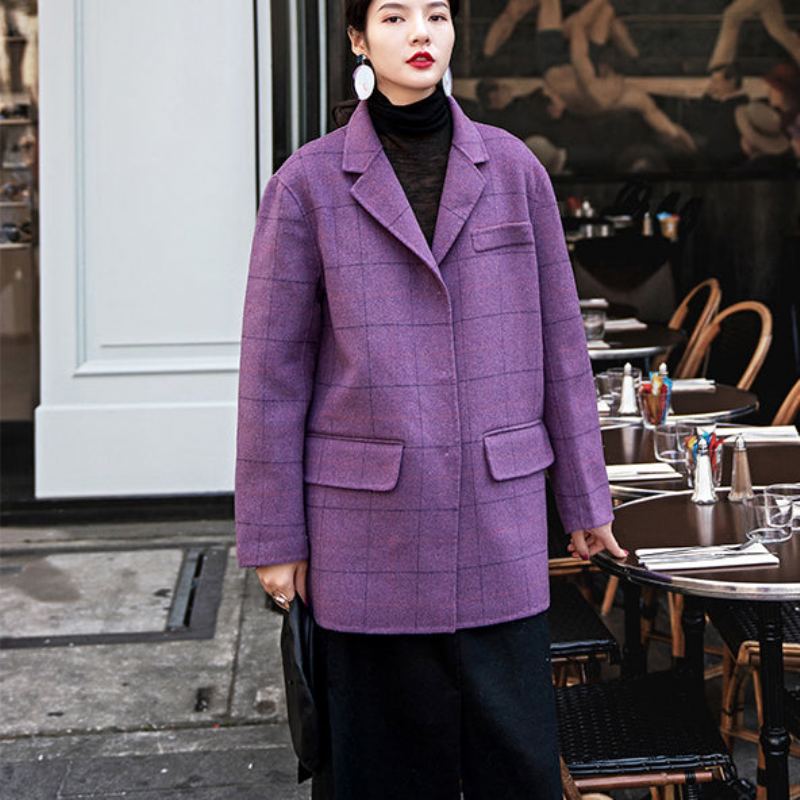 Manteaux À Carreaux Violets De Luxe Manteau En Laine Cranté Décontracté Nouvelles Poches Ouvert Sur Le Côté Arrière - Manteaux d'hiver femmes