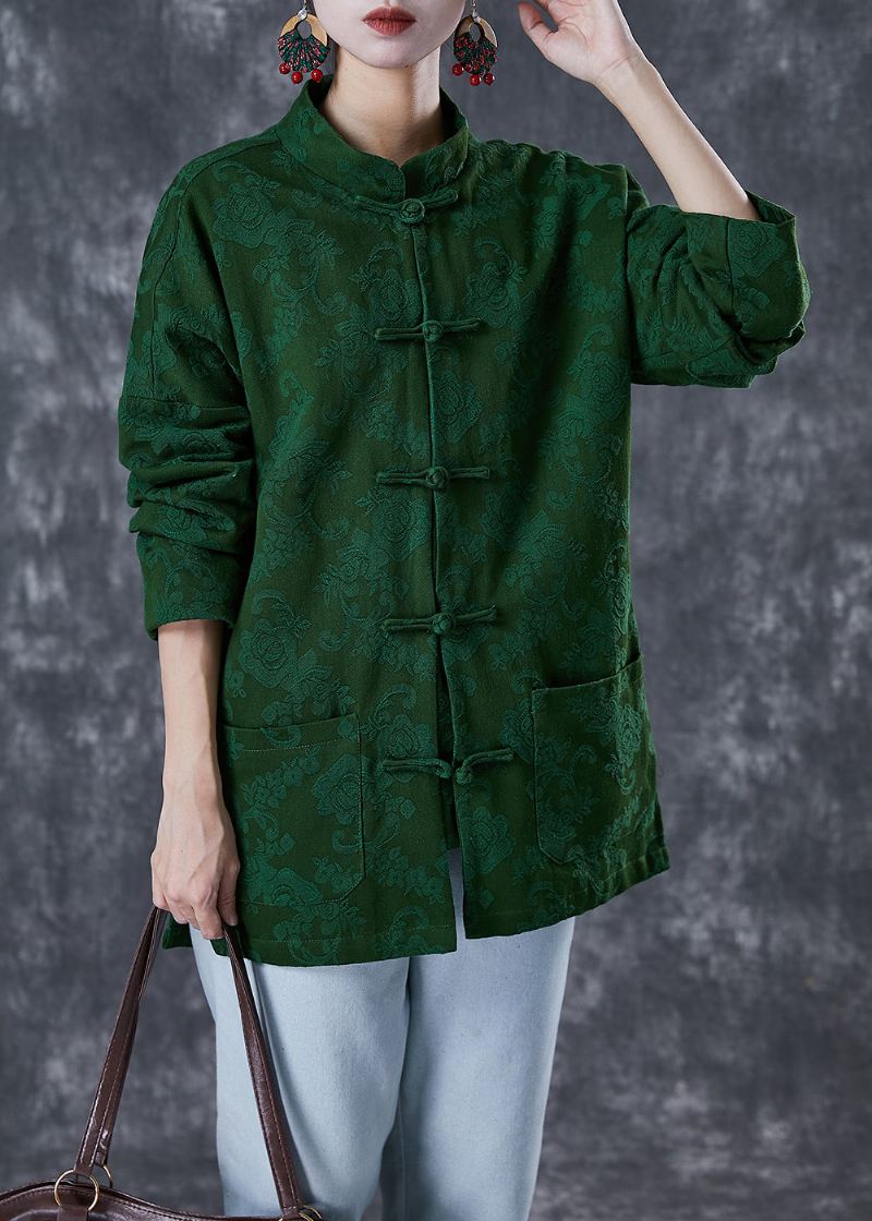 Manteaux En Coton À Boutons Chinois Jacquard Vert De Grande Taille Automne