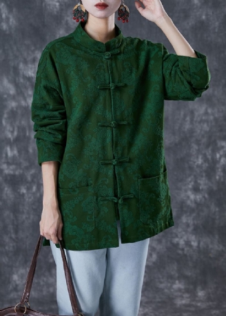 Manteaux En Coton À Boutons Chinois Jacquard Vert De Grande Taille Automne