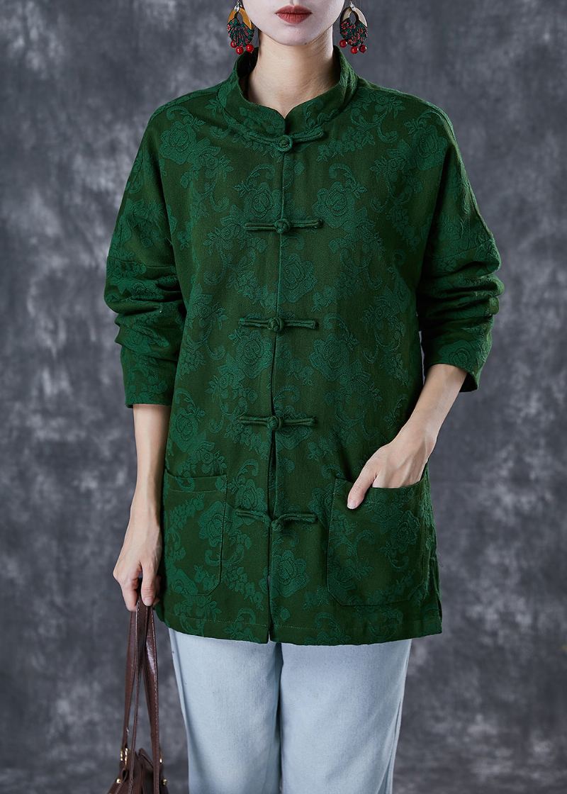 Manteaux En Coton À Boutons Chinois Jacquard Vert De Grande Taille Automne - Manteaux d'hiver femmes