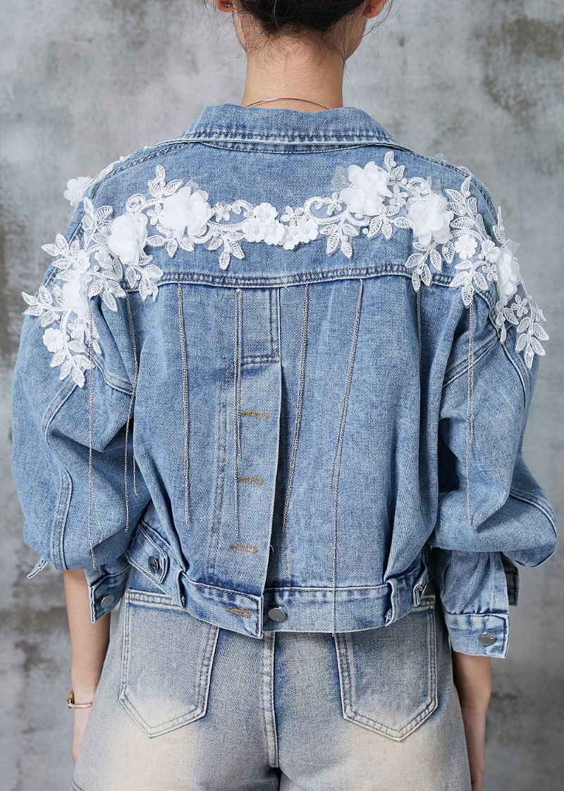 Manteaux Courts En Denim À Fleurs En Dentelle À Glands Bleu Fin Printemps - Manteaux d'hiver femmes