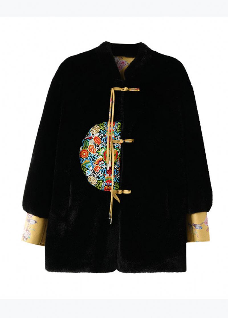 Manteaux De Cuir Et De Fourrure Brodés À Pompons Noirs De Style Chinois Printemps - Manteaux d'hiver femmes