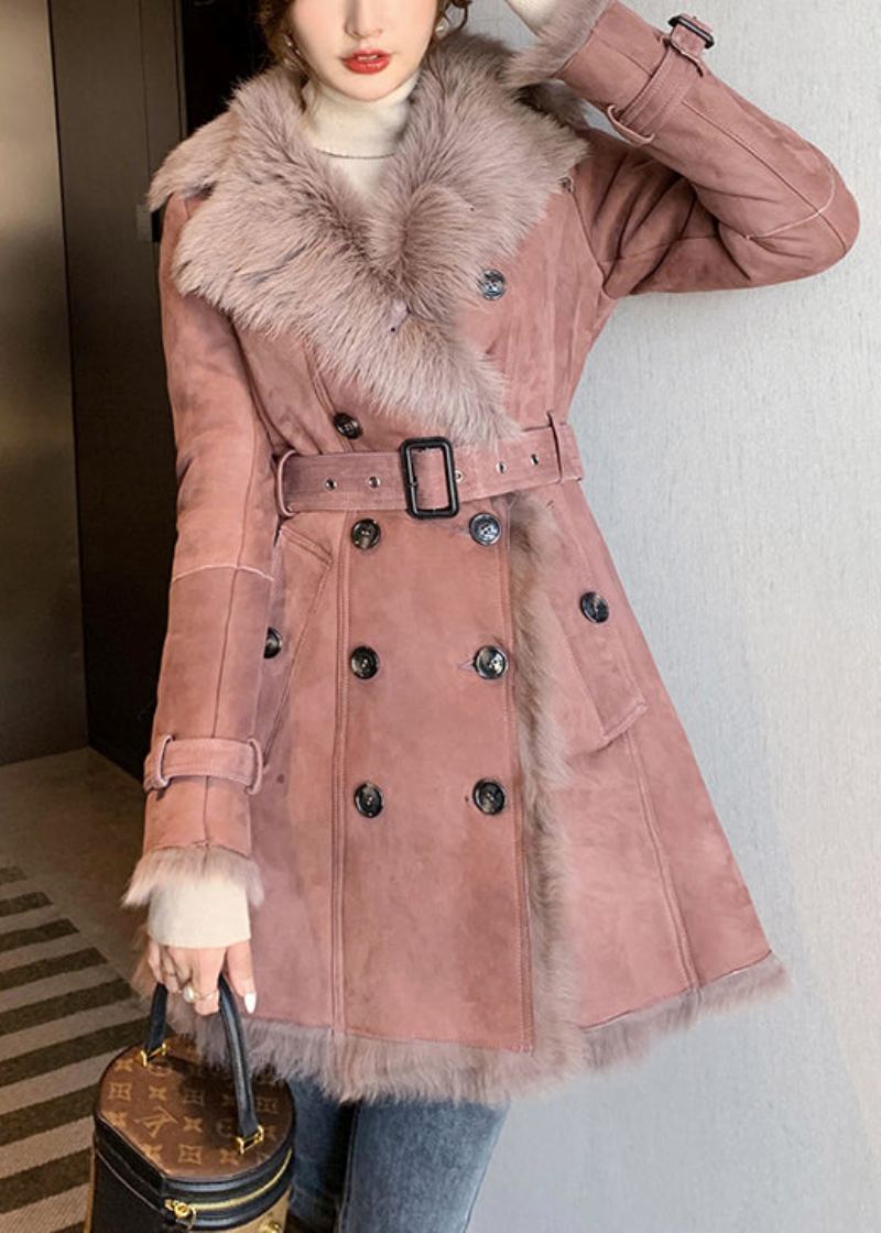 Manteaux En Cuir Et Fourrure Rose Chic Avec Col En Et Cravate À La Taille Pour L'hiver