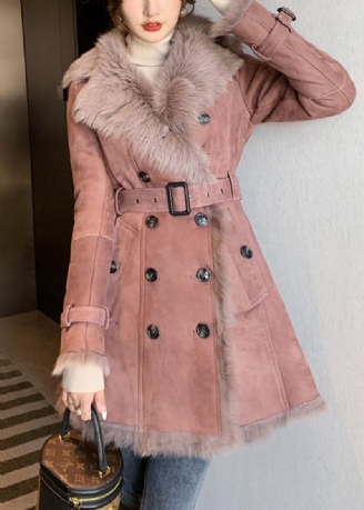 Manteaux En Cuir Et Fourrure Rose Chic Avec Col En Et Cravate À La Taille Pour L'hiver