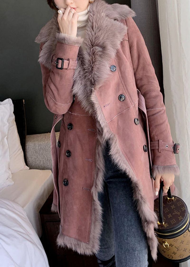 Manteaux En Cuir Et Fourrure Rose Chic Avec Col En Et Cravate À La Taille Pour L'hiver - Manteaux d'hiver femmes