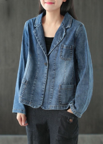 Manteaux En Denim Bleu Avec Poches Boutonnées Grande Taille Col En V Manches Longues