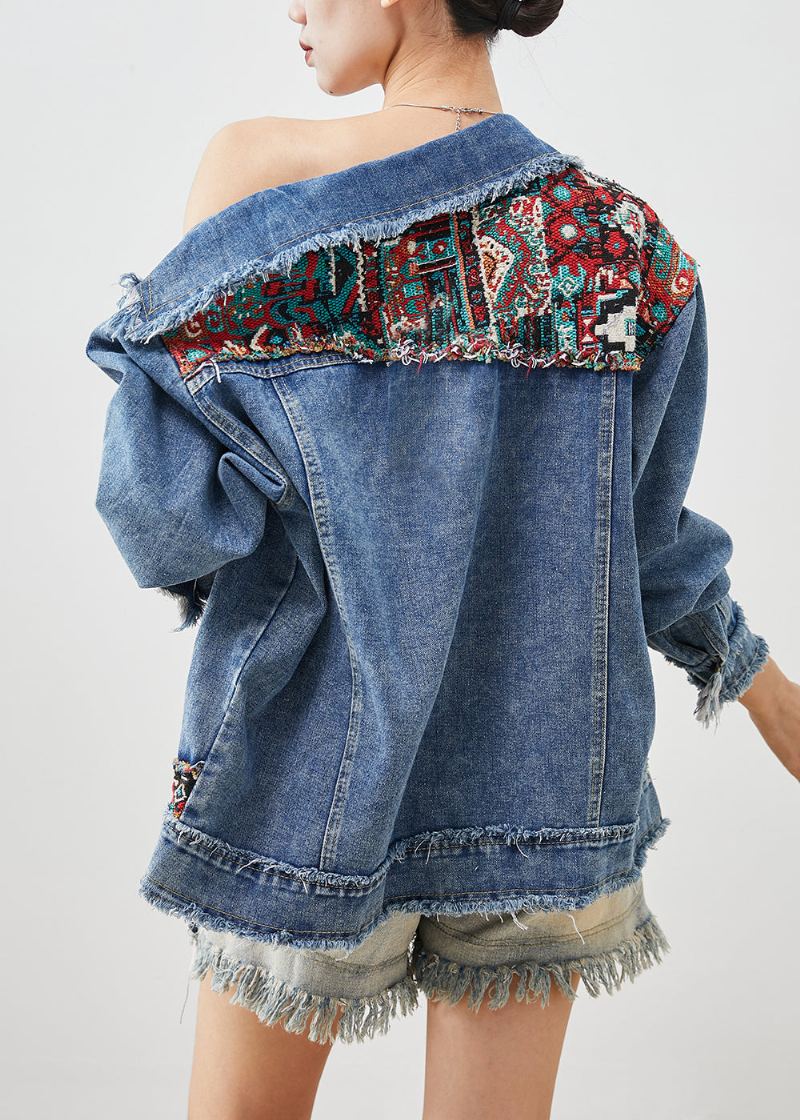 Manteaux En Denim Bleu Français Surdimensionnés Avec Appliques En Patchwork Printemps - Manteaux d'hiver femmes