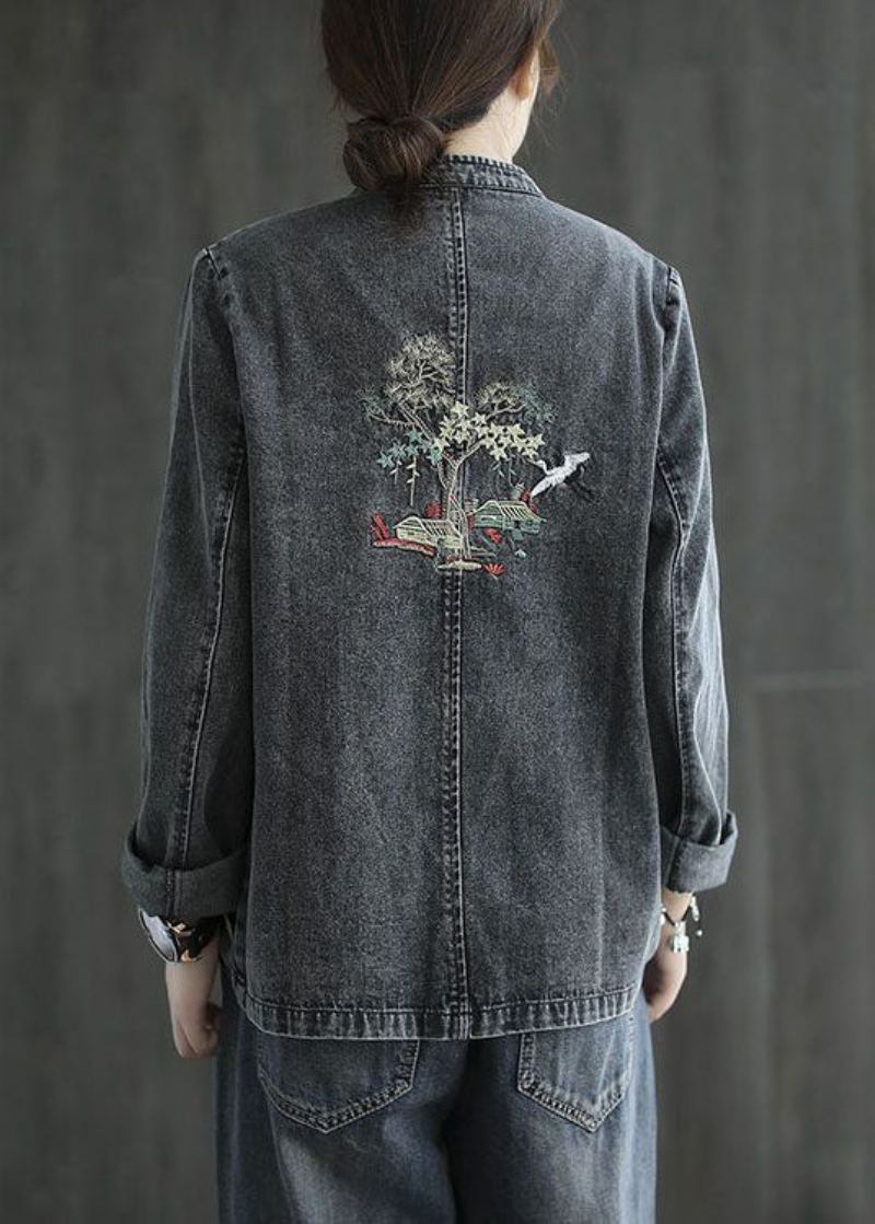 Manteaux En Denim À Boutons Chinois Brodés Noirs Organiques Printemps - Manteaux d'hiver femmes