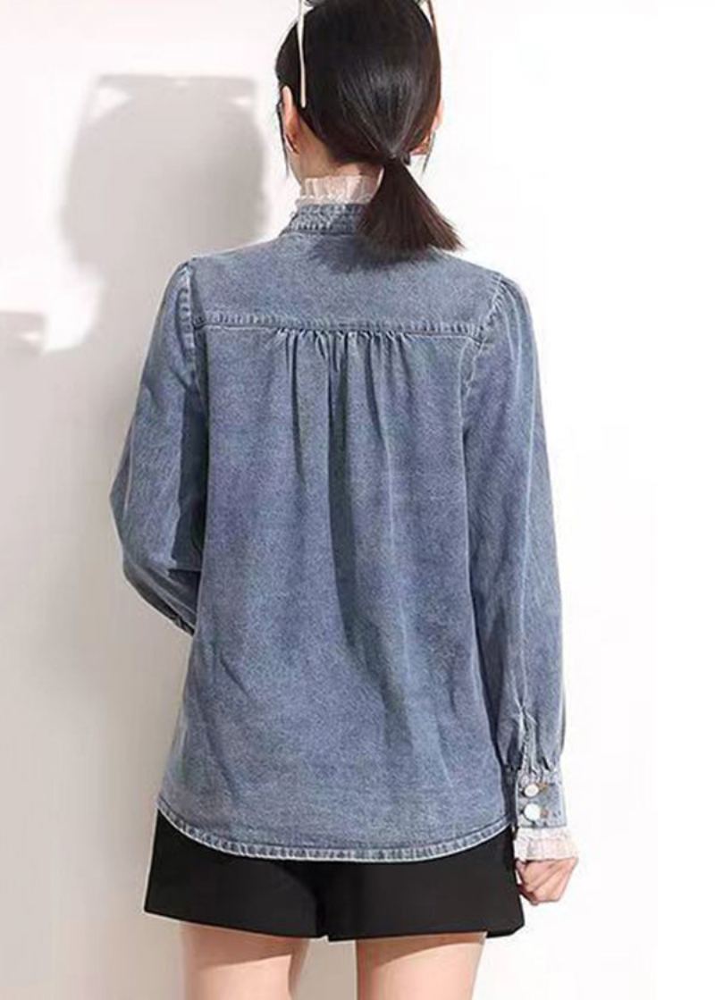 Manteaux En Denim De Coton Bleu Français Col Montant Asymétrique Dentelle Patchwork Manches Longues - Manteaux d'hiver femmes