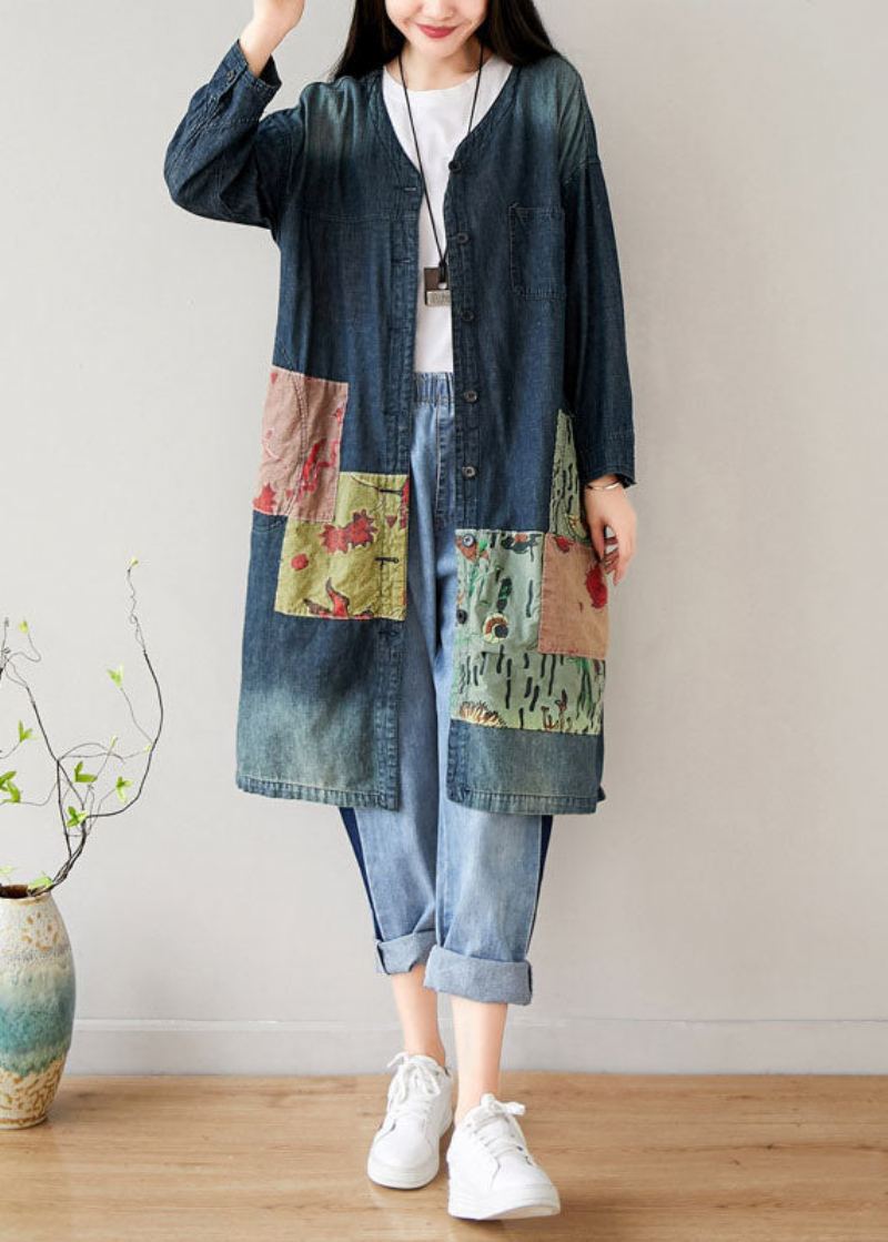 Manteaux En Denim Patchwork Bleu Français Poches À Col En V Printemps - Manteaux d'hiver femmes