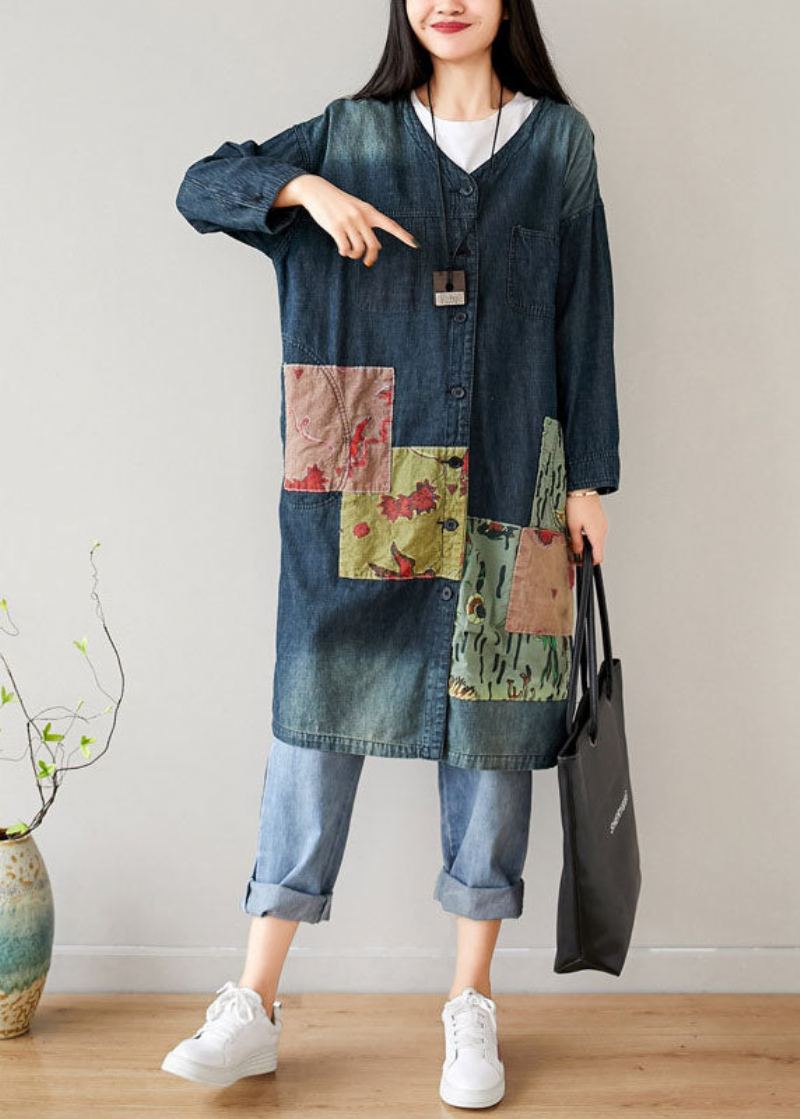 Manteaux En Denim Patchwork Bleu Français Poches À Col En V Printemps - Manteaux d'hiver femmes