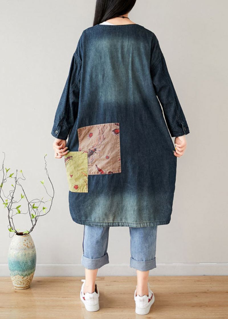 Manteaux En Denim Patchwork Bleu Français Poches À Col En V Printemps - Manteaux d'hiver femmes