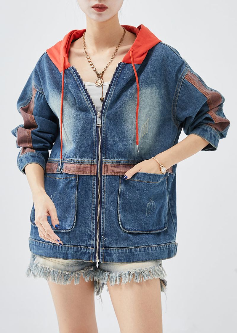 Manteaux En Denim Patchwork À Capuche Rouge Décontracté Automne - Manteaux d'hiver femmes