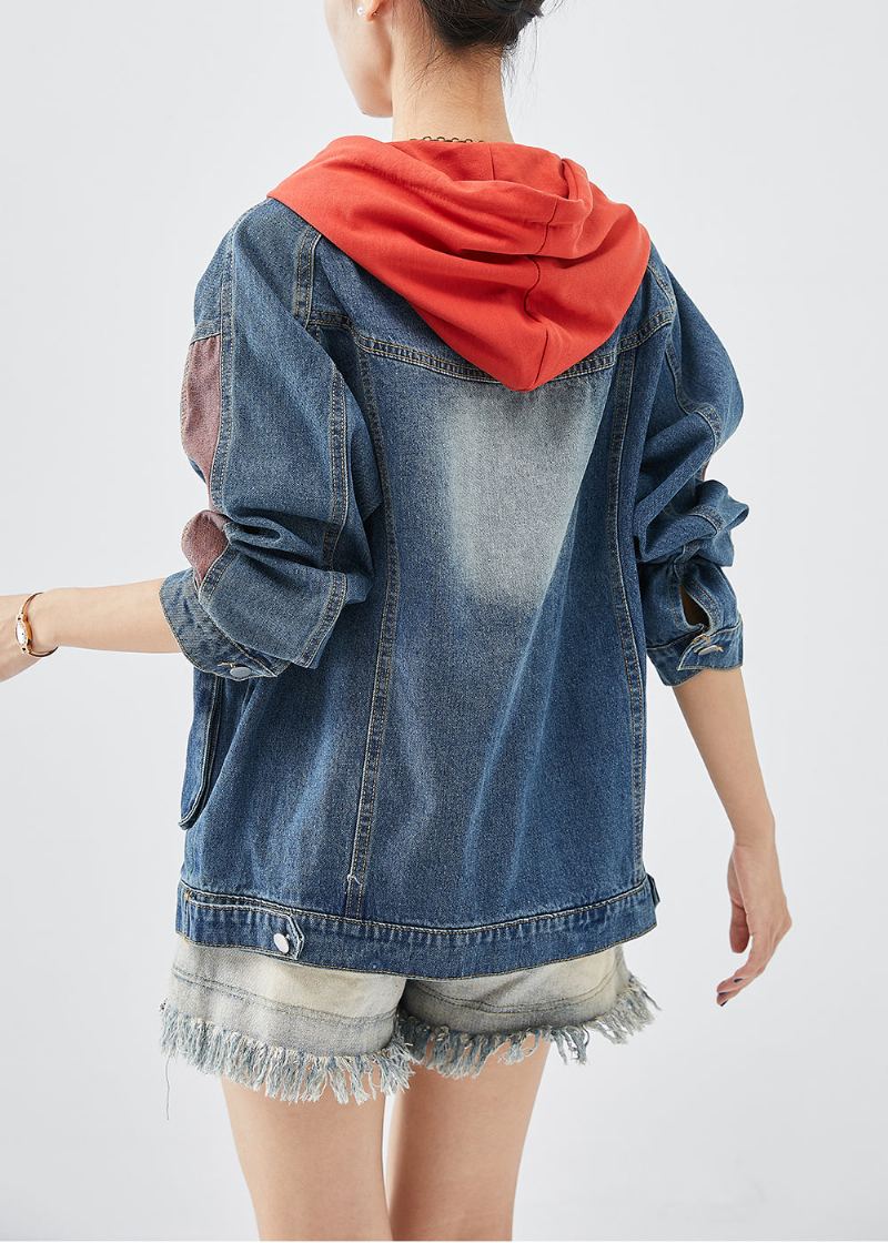 Manteaux En Denim Patchwork À Capuche Rouge Décontracté Automne - Manteaux d'hiver femmes