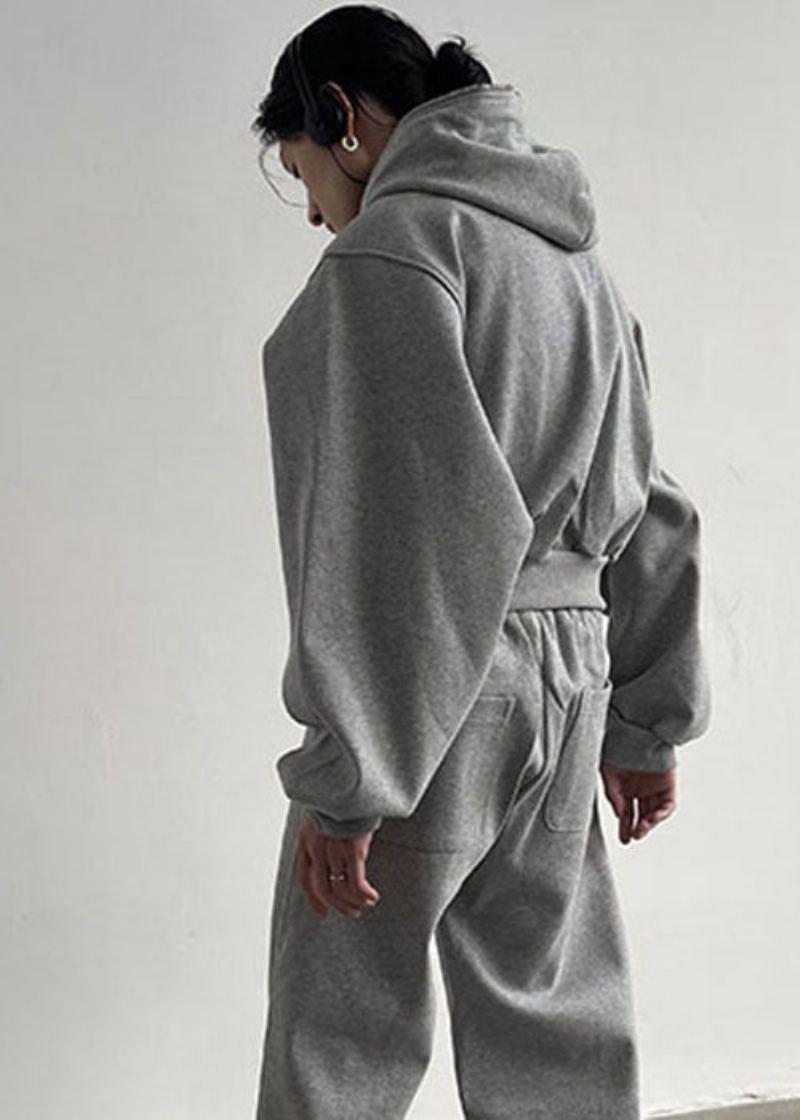 Manteaux Deux Pièces En Coton Décontracté Gris À Capuche Patchwork Fermeture Éclair Faux Printemps - Manteaux d'hiver femmes