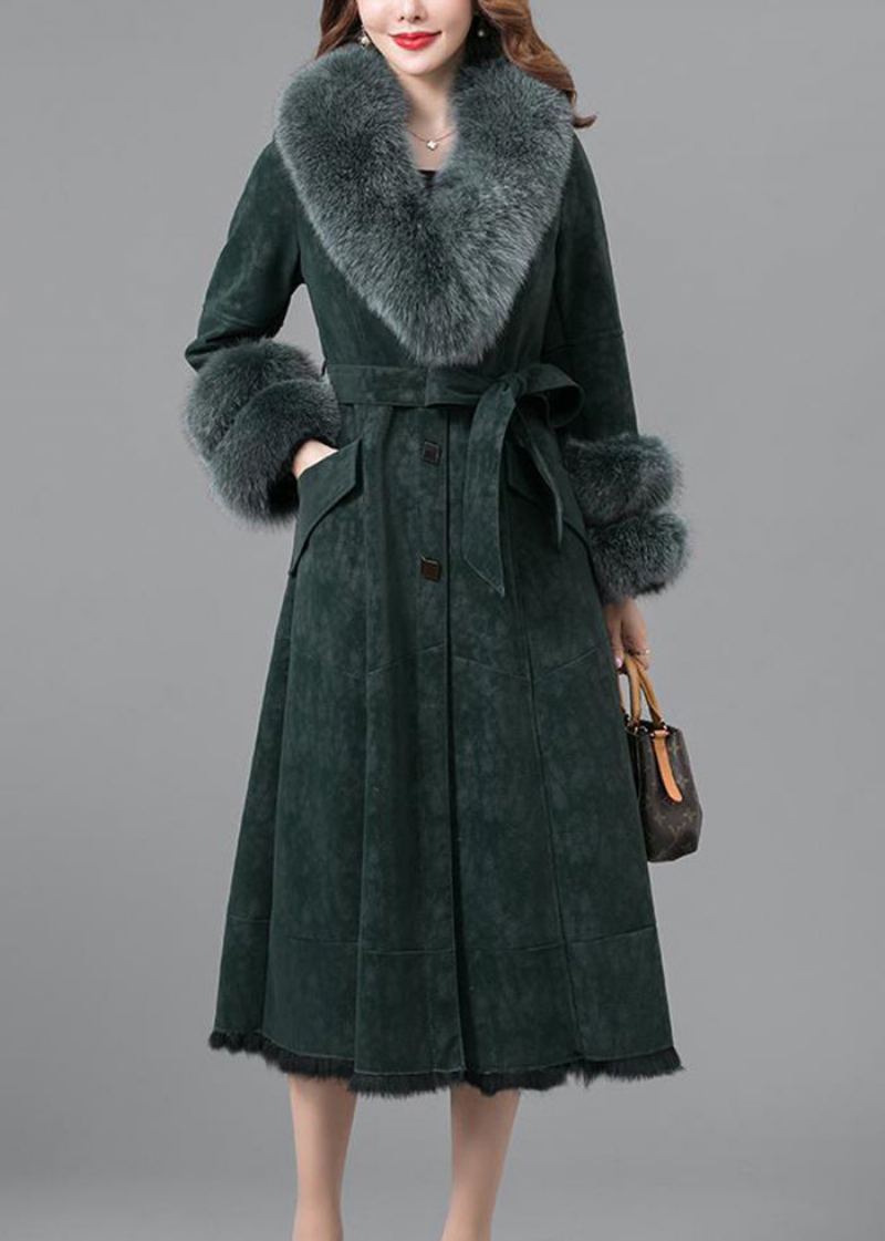 Manteaux Élégants En Cuir Et Fourrure De Faux Lapin Vert Noirâtre Coupe Cintrée Hiver - Manteaux d'hiver femmes