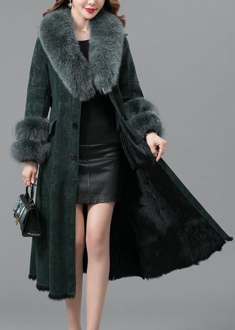 Manteaux Élégants En Cuir Et Fourrure De Faux Lapin Vert Noirâtre Coupe Cintrée Hiver - Manteaux d'hiver femmes