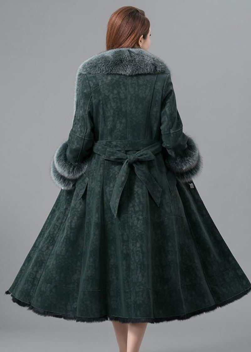 Manteaux Élégants En Cuir Et Fourrure De Faux Lapin Vert Noirâtre Coupe Cintrée Hiver - Manteaux d'hiver femmes