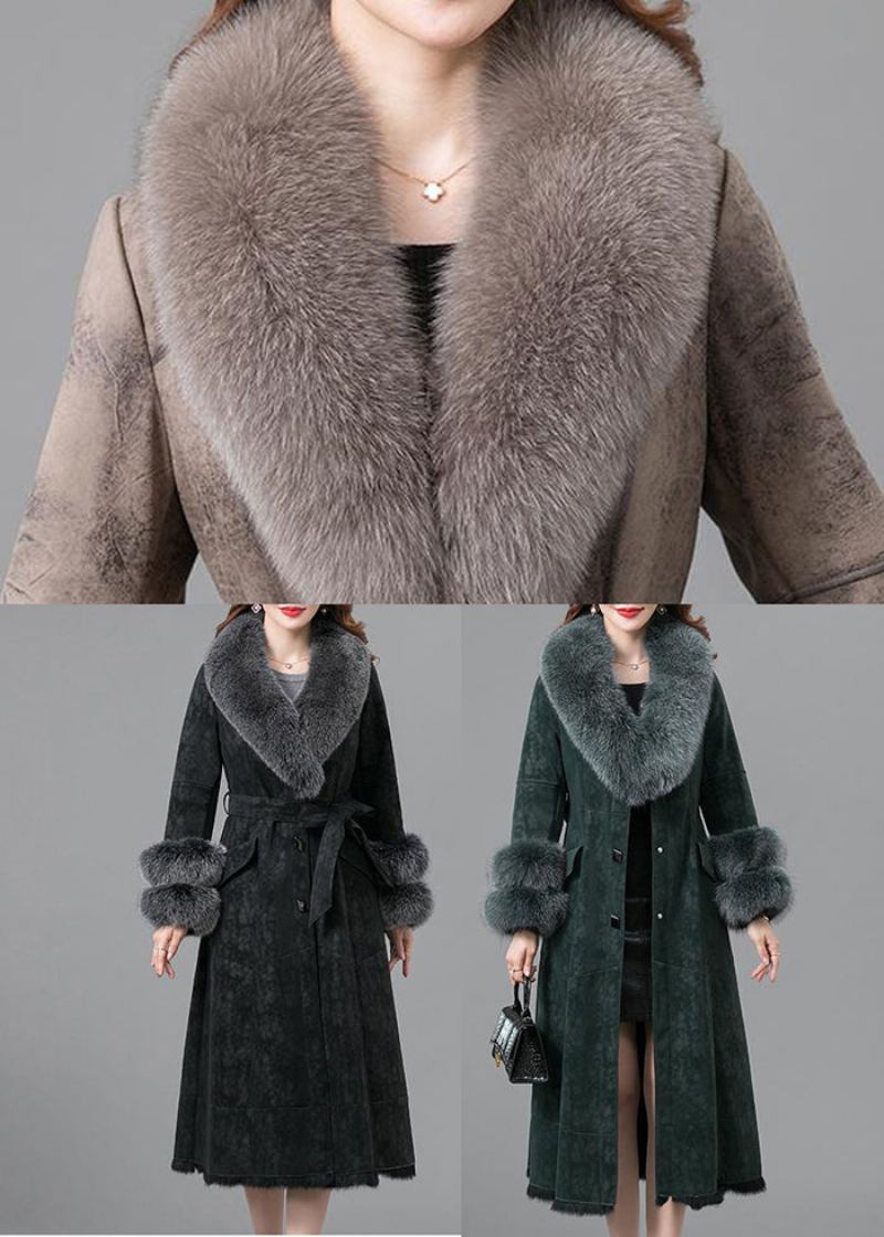 Manteaux Élégants En Cuir Et Fourrure De Faux Lapin Vert Noirâtre Coupe Cintrée Hiver - Manteaux d'hiver femmes