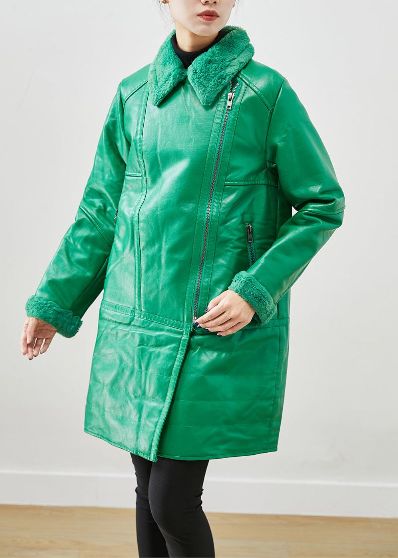 Manteaux En Faux Cuir Vert Naturel Avec Fermeture Éclair Patchwork En Duvet De Canard Hiver