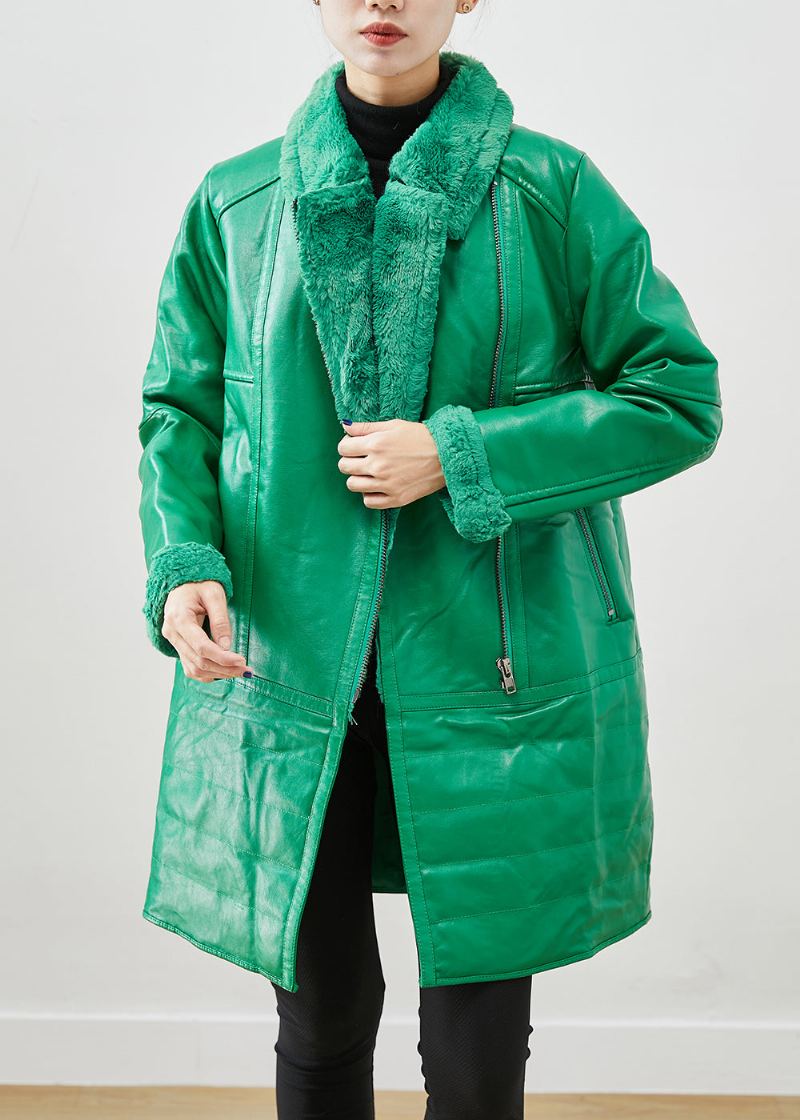 Manteaux En Faux Cuir Vert Naturel Avec Fermeture Éclair Patchwork En Duvet De Canard Hiver - Manteaux d'hiver femmes