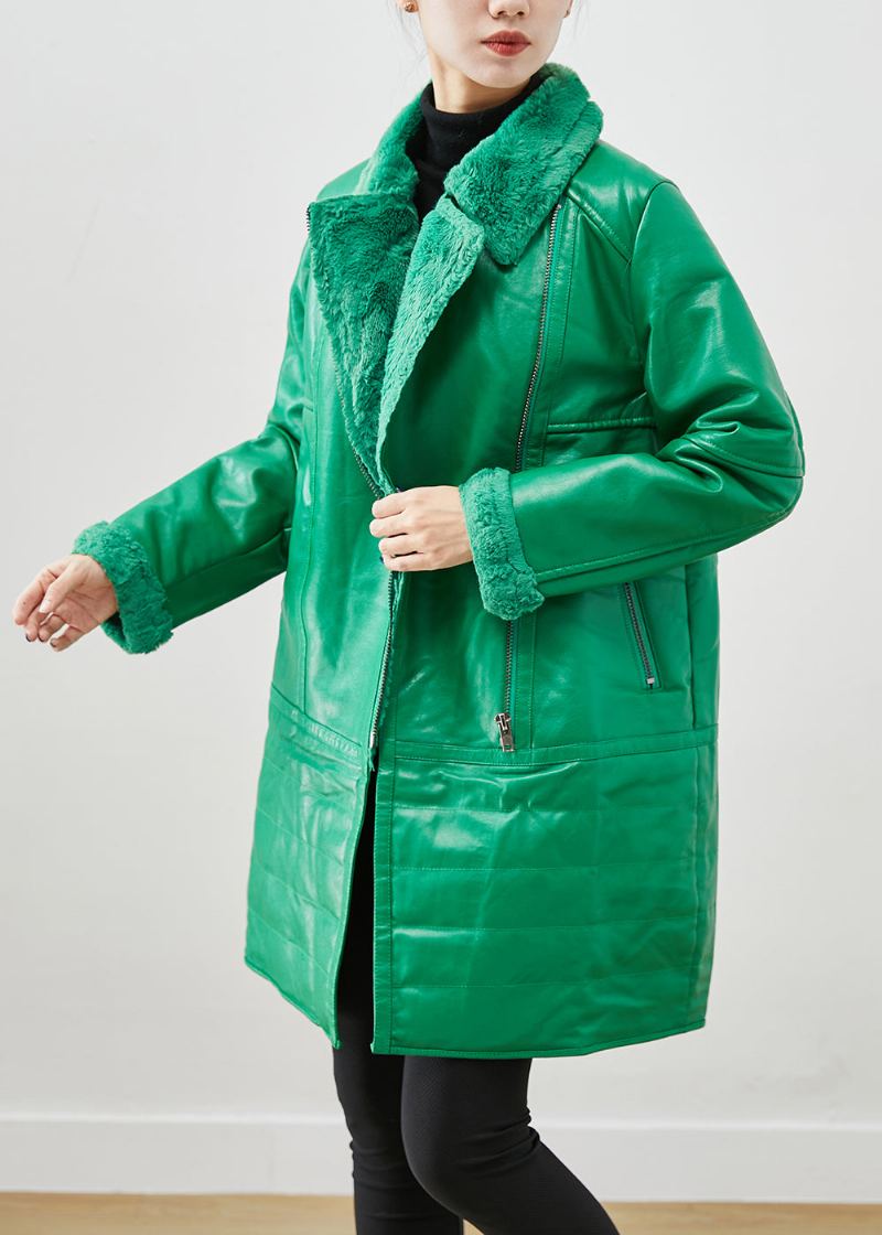 Manteaux En Faux Cuir Vert Naturel Avec Fermeture Éclair Patchwork En Duvet De Canard Hiver - Manteaux d'hiver femmes