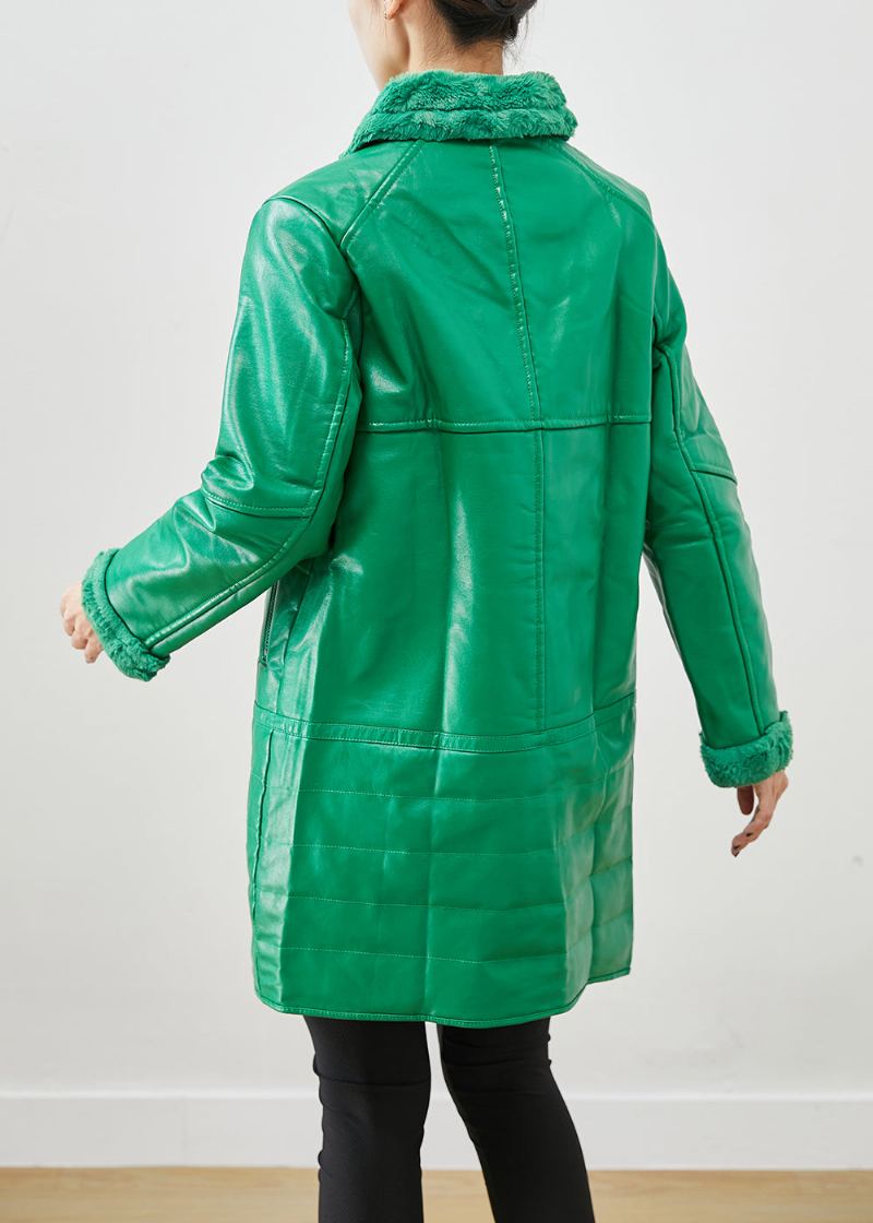 Manteaux En Faux Cuir Vert Naturel Avec Fermeture Éclair Patchwork En Duvet De Canard Hiver - Manteaux d'hiver femmes