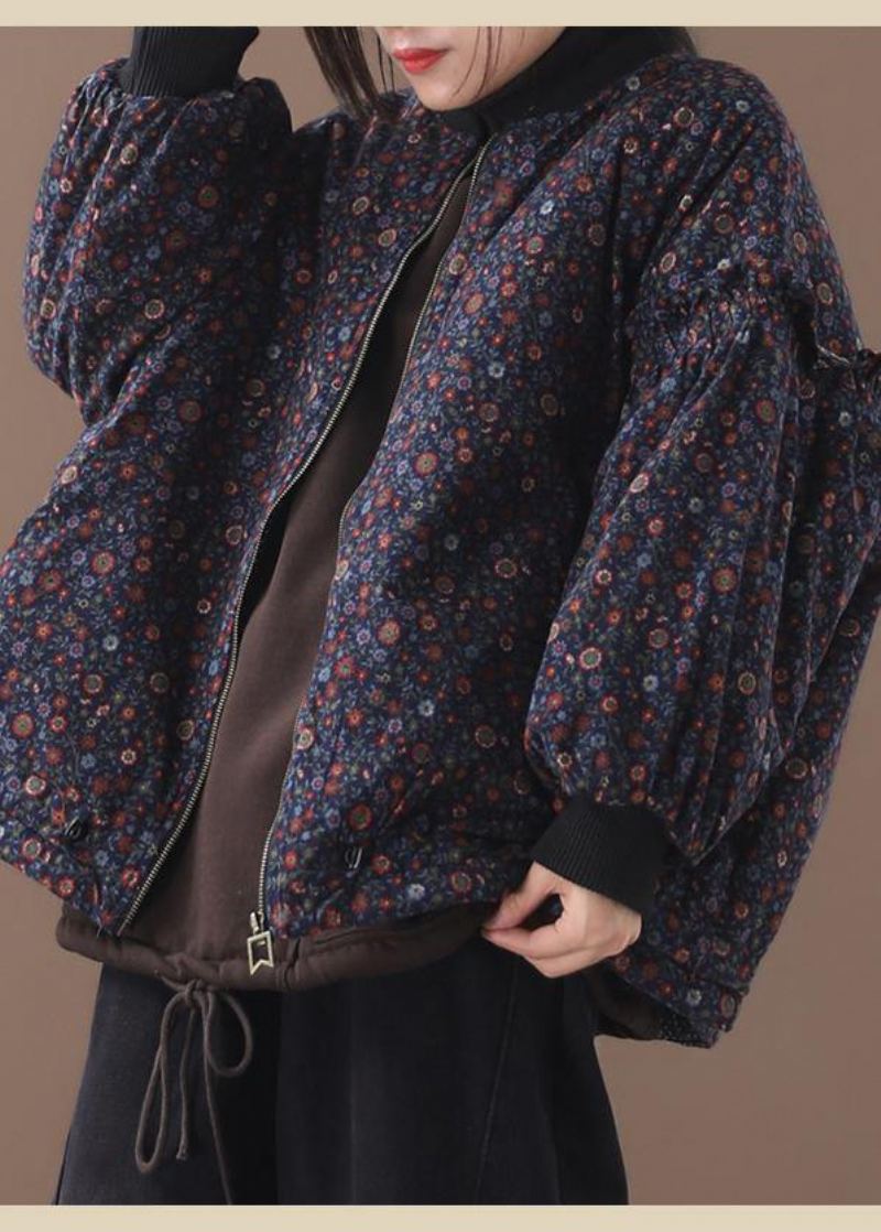 Manteaux À Fleurs Bleues Fines Pour Femmes Veste D'hiver Ample Vêtements D'extérieur À Fermeture Éclair Patchwork Col Rond