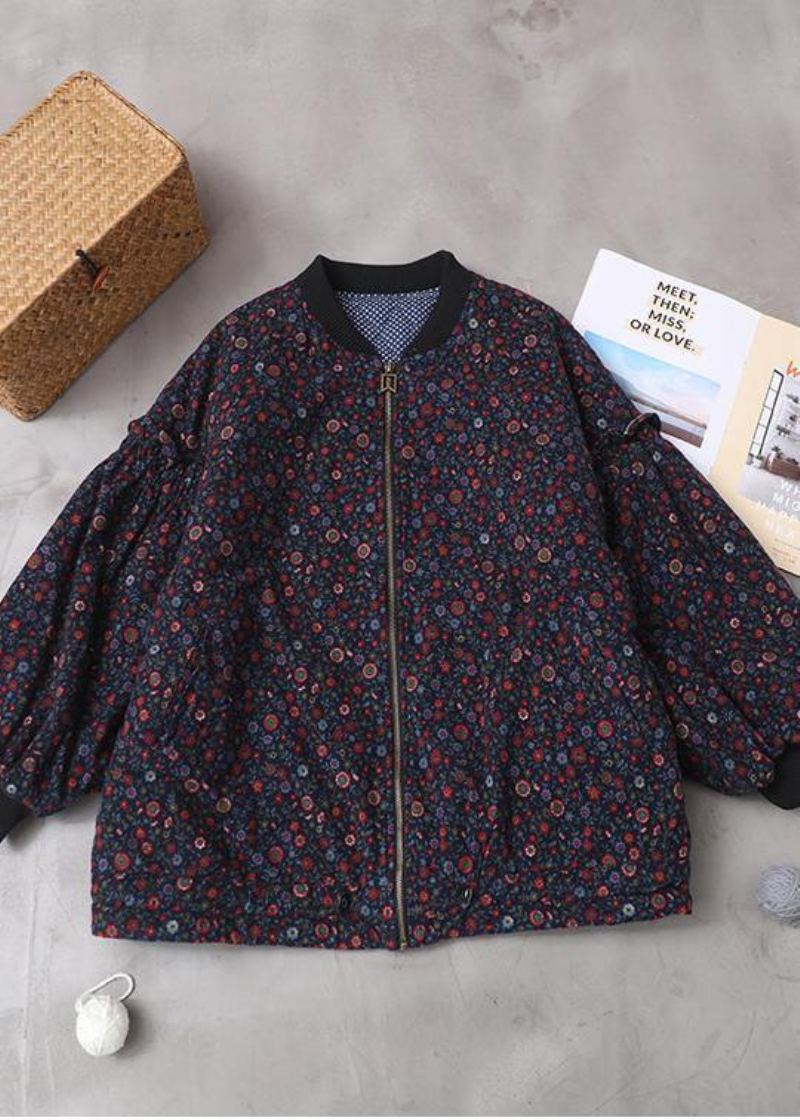 Manteaux À Fleurs Bleues Fines Pour Femmes Veste D'hiver Ample Vêtements D'extérieur À Fermeture Éclair Patchwork Col Rond - Bleu