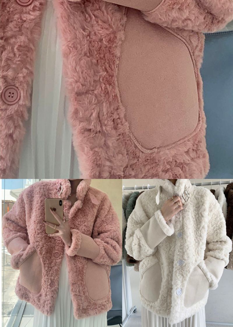 Manteaux D'hiver Épais En Fausse Fourrure Avec Boutons Abricot De Grande Taille - Rose