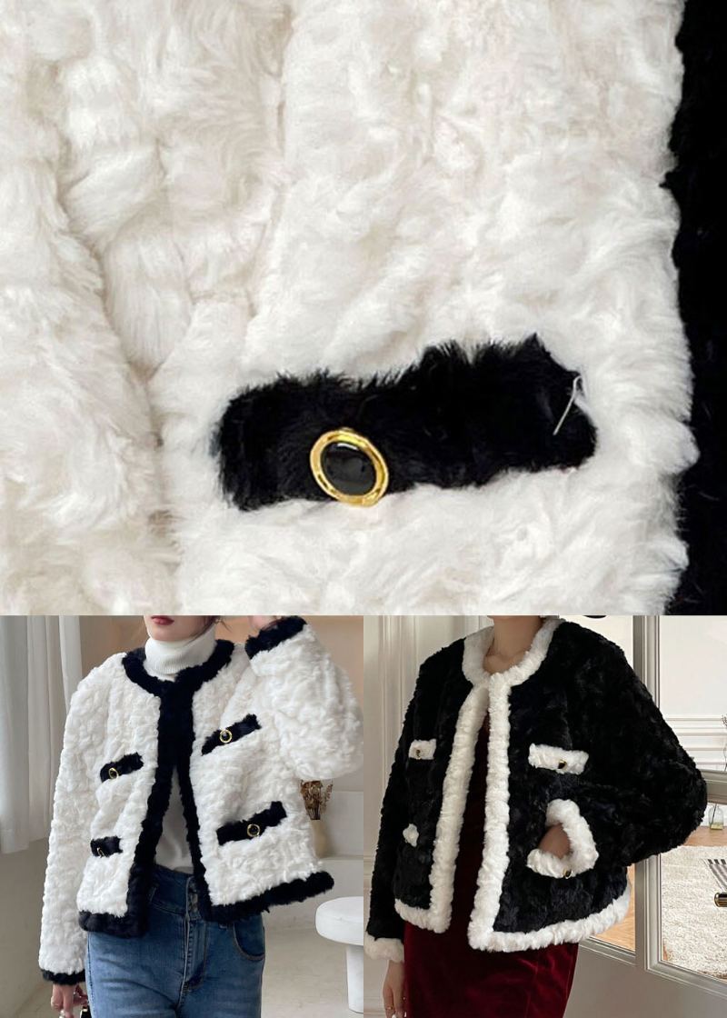 Manteaux D'hiver En Fausse Fourrure Avec Poches Patchwork Noirs - Blanc