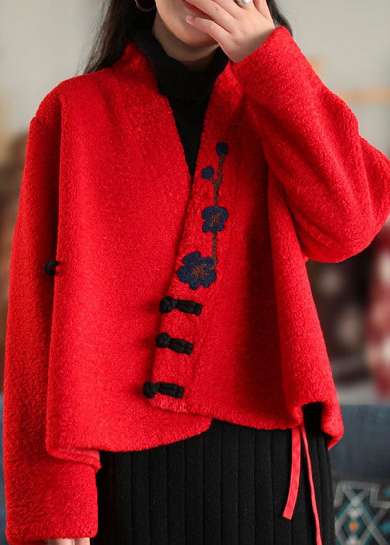 Manteaux En Laine Brodés Avec Boutons Rouges Élégants Printemps - Manteaux d'hiver femmes