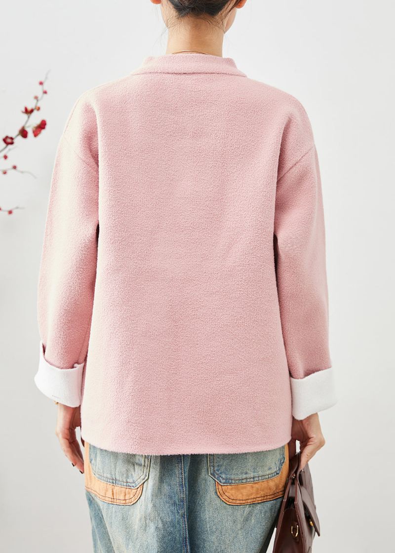 Manteaux En Laine Pour Femmes Rose Col Mandarin Poches À Boutons Chinois Automne - Manteaux d'hiver femmes