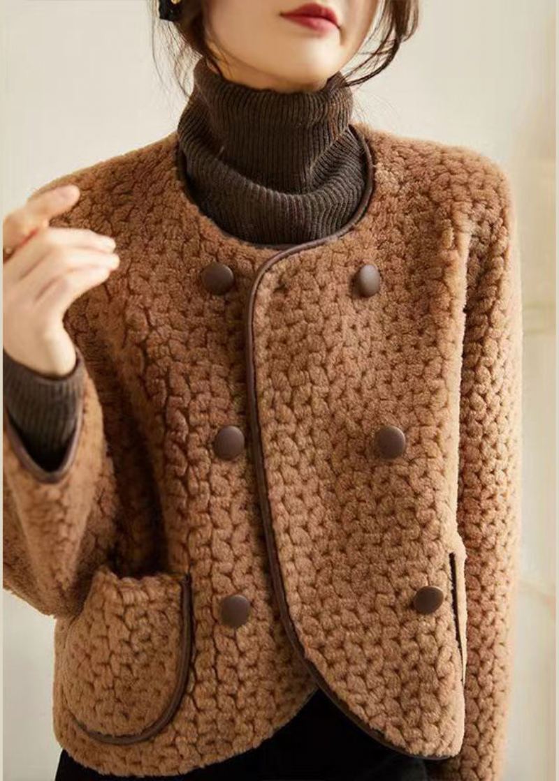 Manteaux En Laine Patchwork Beige Français Poches À Col Rond Hiver - Manteaux d'hiver femmes