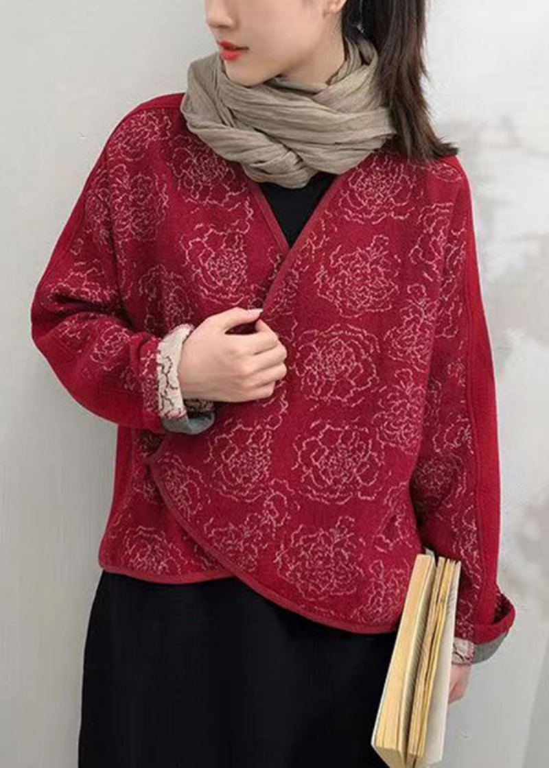 Manteaux En Laine Patchwork Bouton Rouge Col En V Manches Longues - Manteaux d'hiver femmes