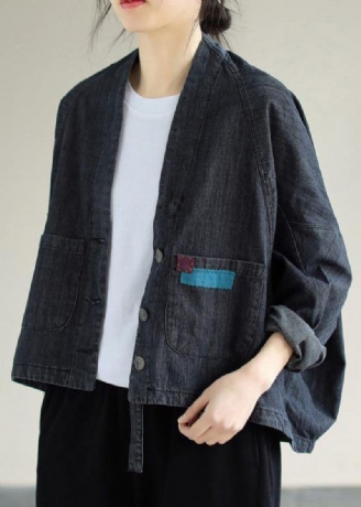 Manteaux Noirs En Denim Pour Femmes De Printemps Boutonnés À Col En V