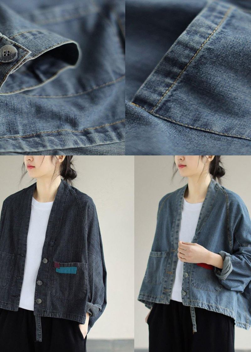 Manteaux Noirs En Denim Pour Femmes De Printemps Boutonnés À Col En V - Noir