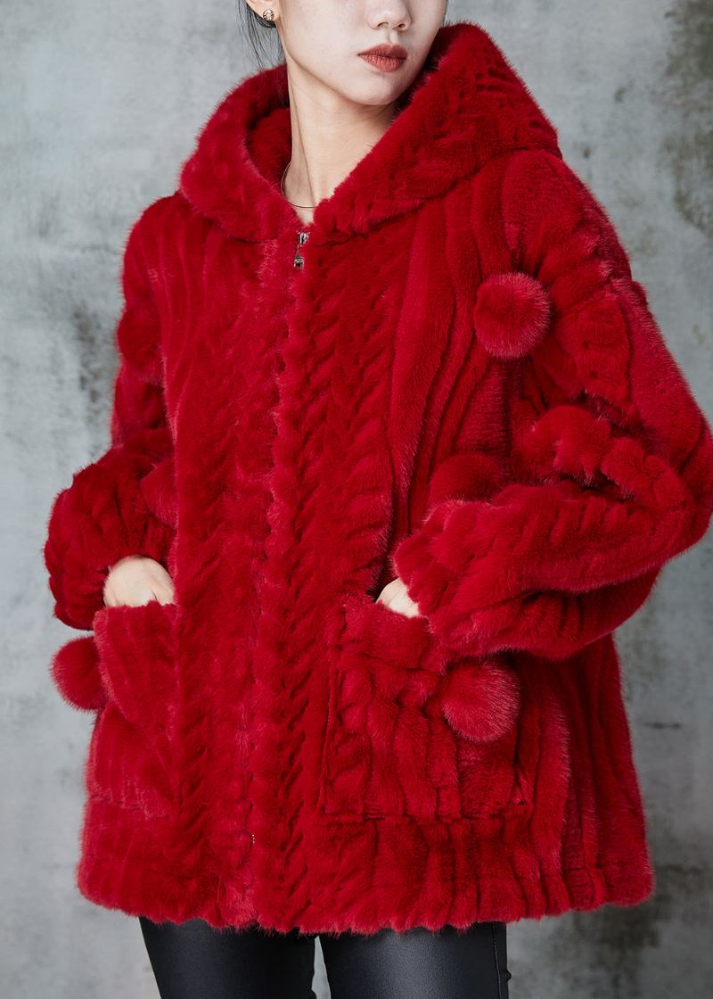 Manteaux Pelucheux En Fourrure Pelucheuse Chaude Rouge Boule Décorée Au Printemps - Manteaux d'hiver femmes